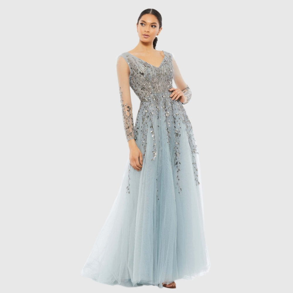 Mac Duggal Platinum Beaded Long Sleeve V-Neck Gown 20295